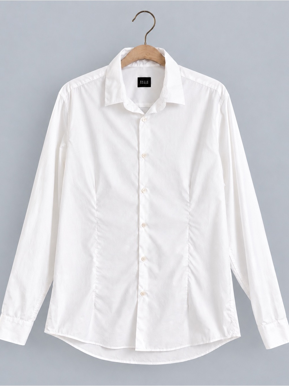 David Naman White Stretch Cotton Fitted Button Down Shirt Tailored Large